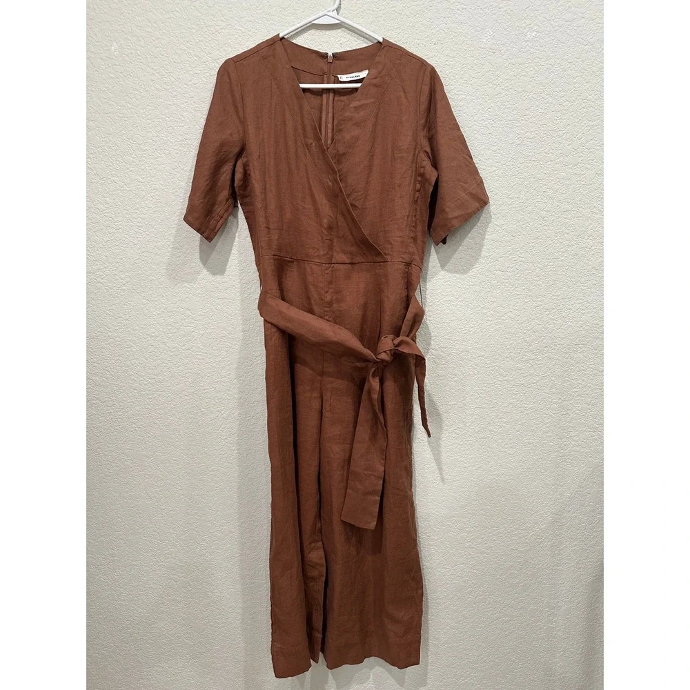 Everlane The Wrap Jumpsuit Brown Linen Blend Wrap V-Neck Wide Leg Belted Size 0